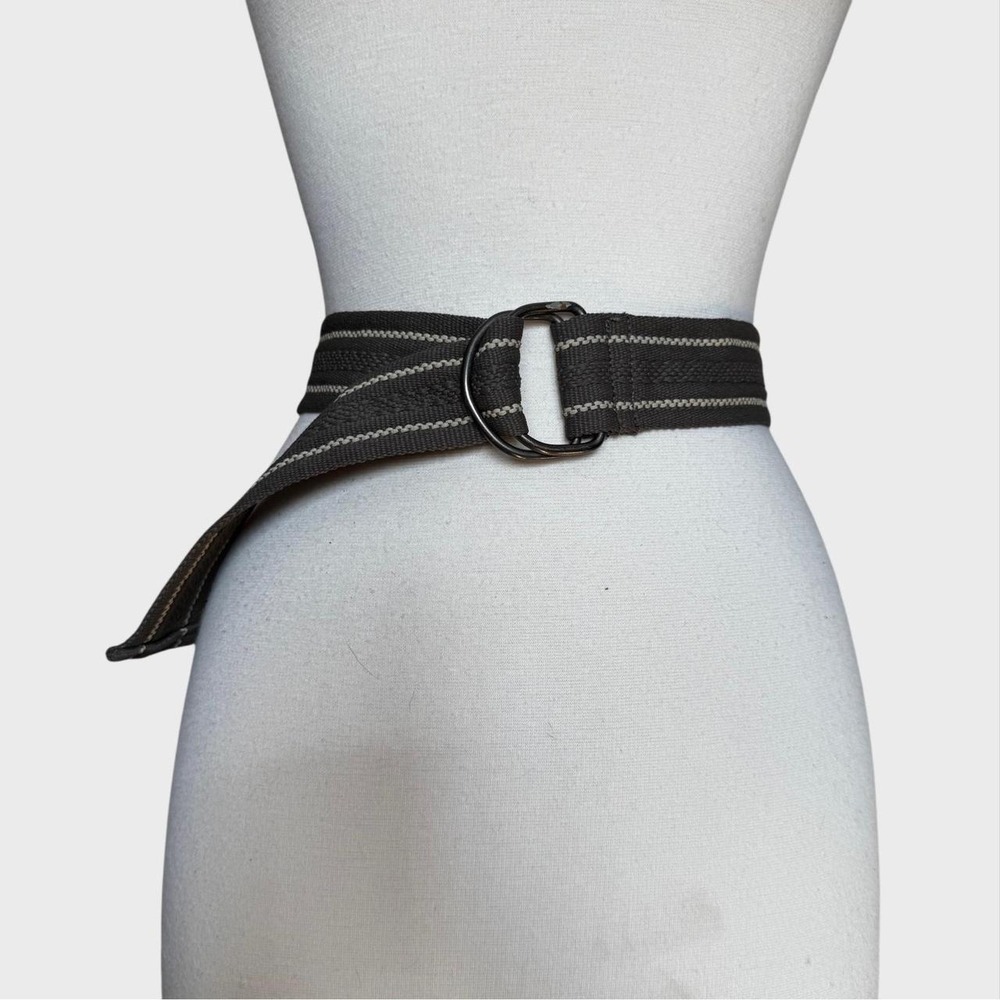 Olive green canvas D-ring belt with light grey stripes up to 46" Waist Casual